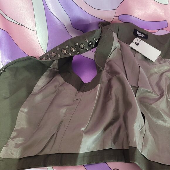 Womens Green Vest Small Tailored Bling Rhinestone Y2K Japan Fashion Festival Top - Picture 5 of 12